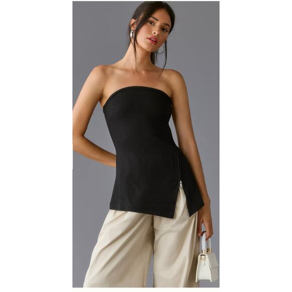 Anthropologie Maeve Asymmetrical Zipper Tube Top Black Size Small Quiet Luxury - Picture 2 of 11